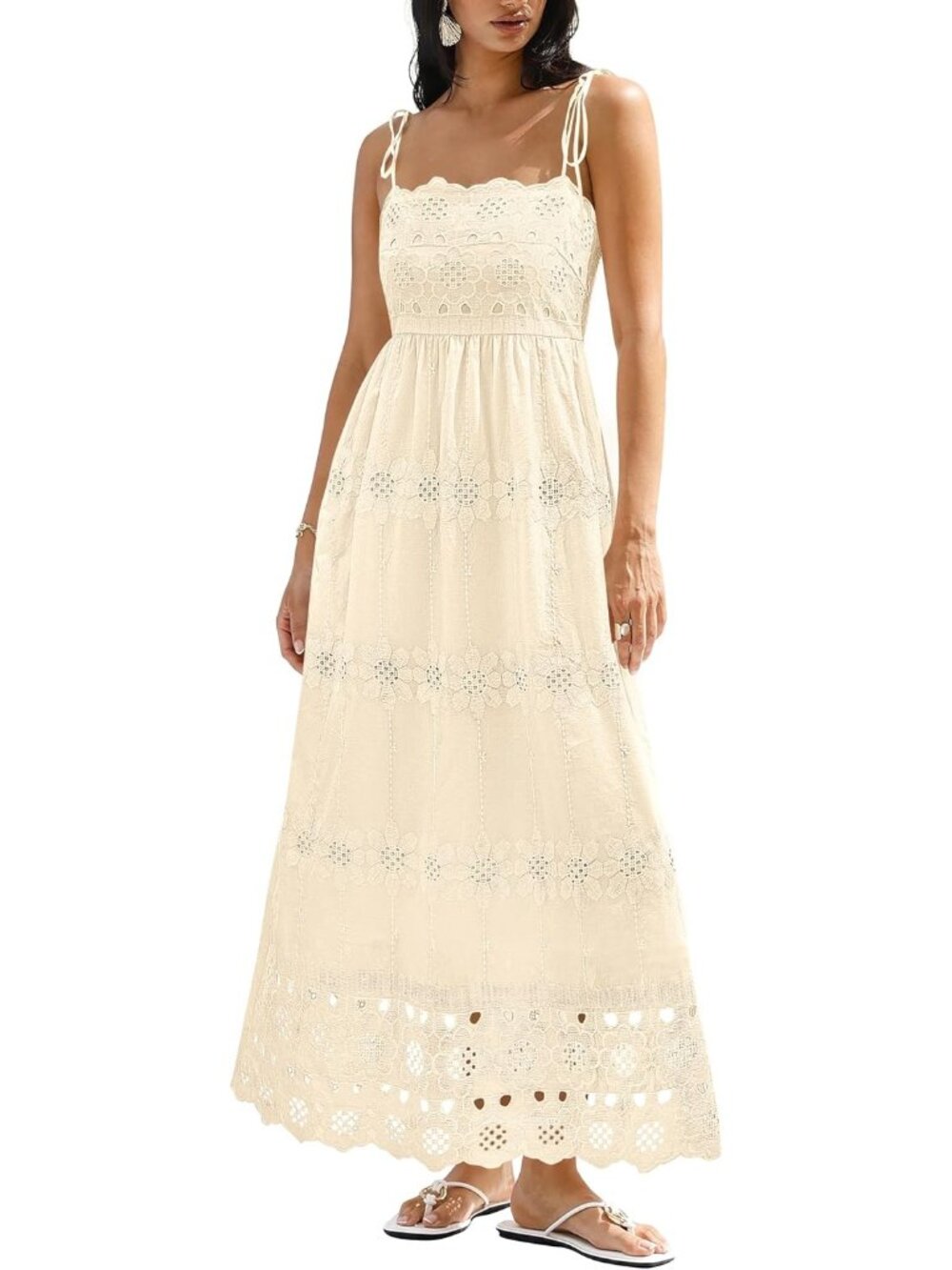 〽️Women's Beige Eyelet Maxi Dress Square Neck Smocked A Line Pockets Wear